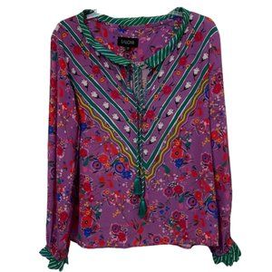 Saloni Purple Floral Silk Blouse Womens 4 Lightweight Tassel
